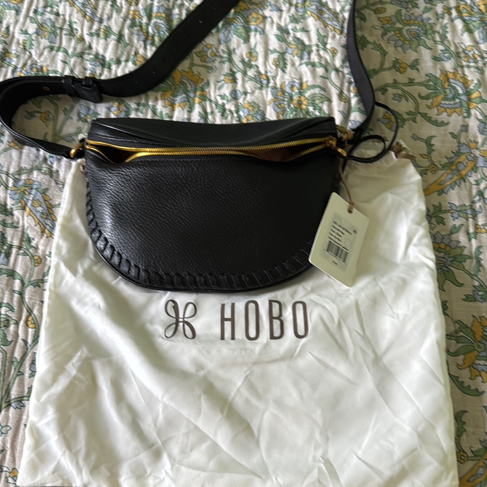 HOBO Black Crossbody Bag with Textured Leather and Gold Accents